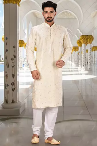 White dupion art silk  kurta with computerised embroidery machine work churidar