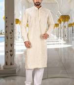 White dupion art silk  kurta with computerised embroidery machine work churidar