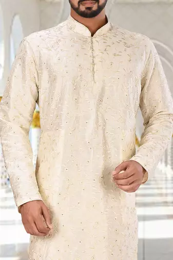 White dupion art silk  kurta with computerised embroidery machine work churidar