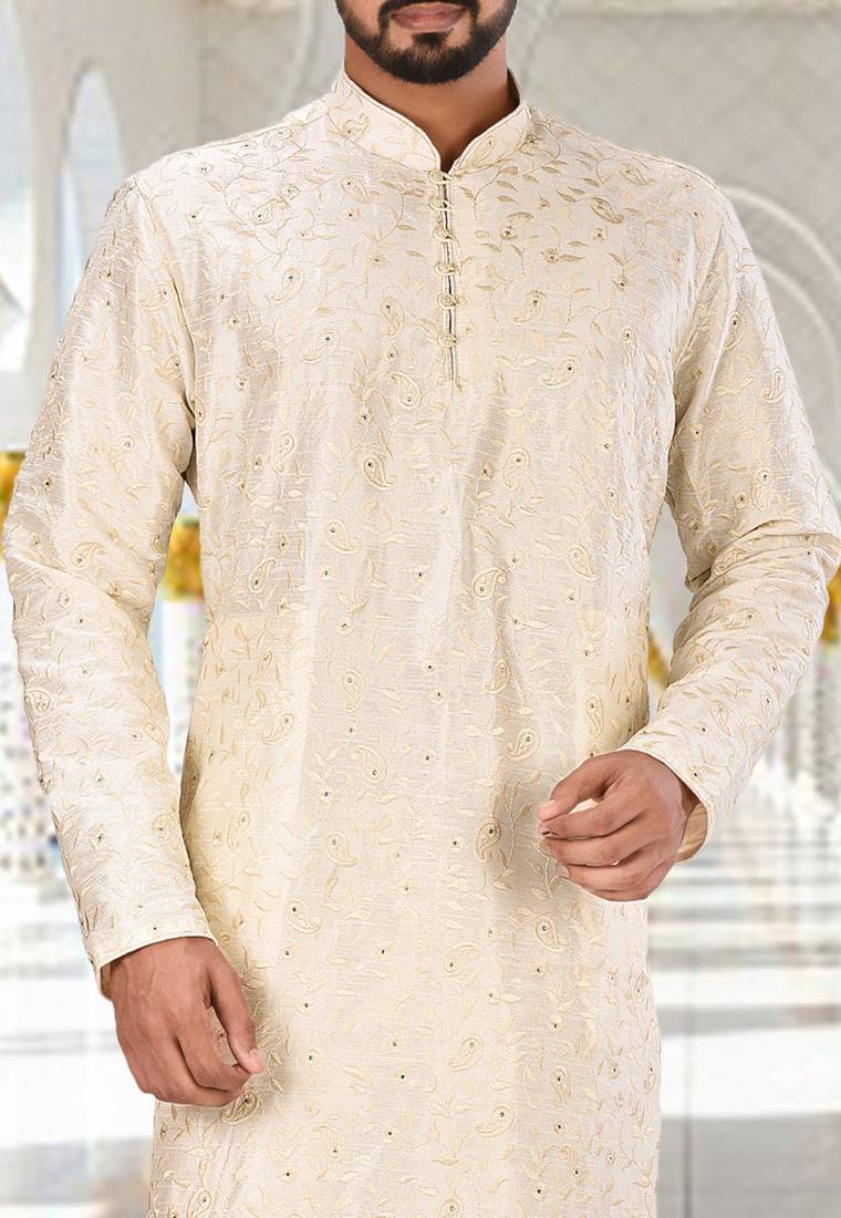White dupion art silk  kurta with computerised embroidery machine work churidar