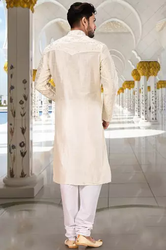 White dupion art silk  kurta with computerised embroidery machine work churidar