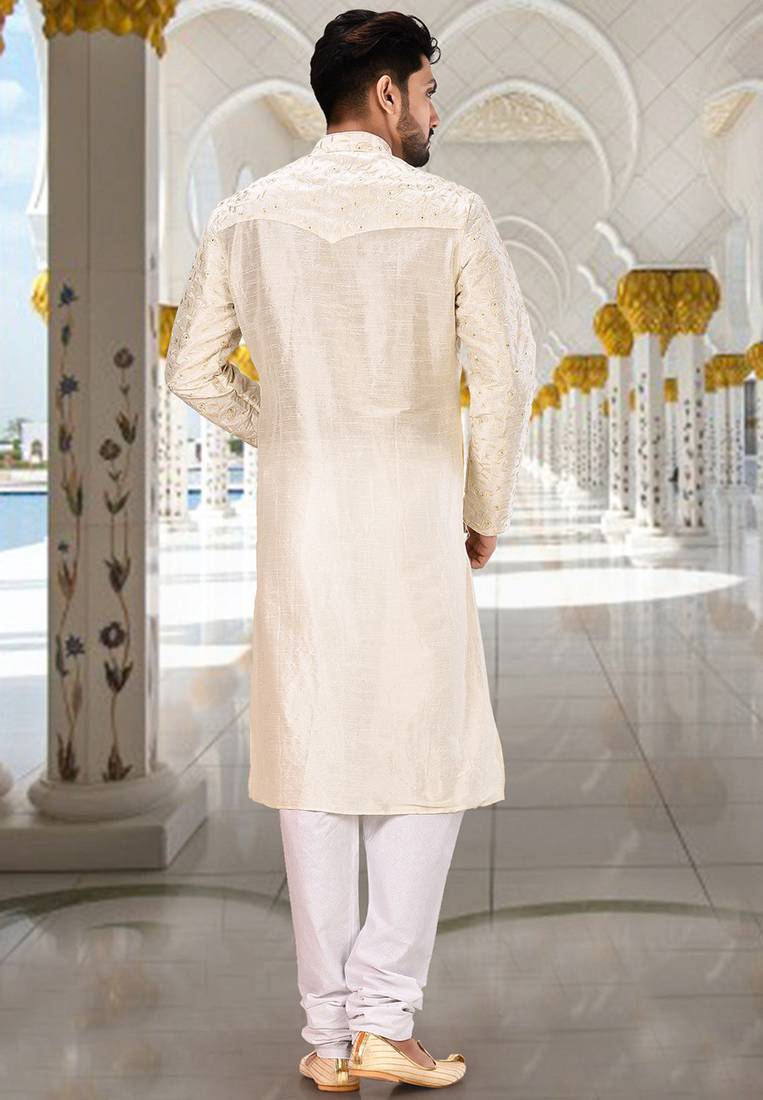 White dupion art silk  kurta with computerised embroidery machine work churidar