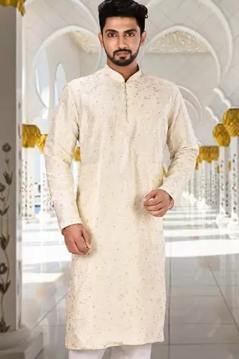 White dupion art silk  kurta with computerised embroidery machine work churidar