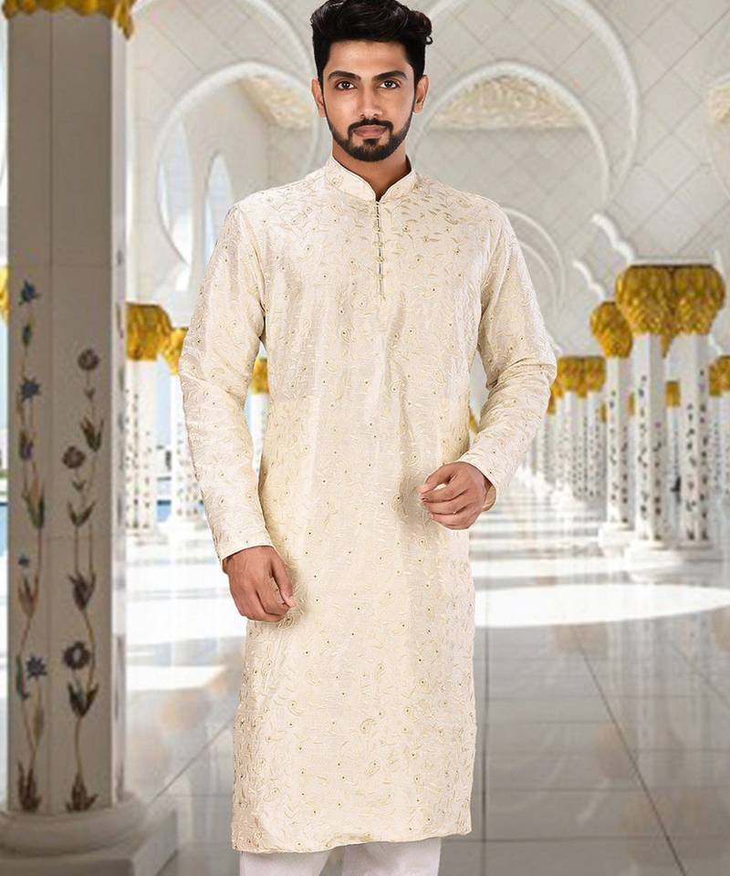 White dupion art silk  kurta with computerised embroidery machine work churidar