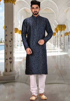 Navy blue dupion art silk  kurta with computerised embroidery machine work churidar 1