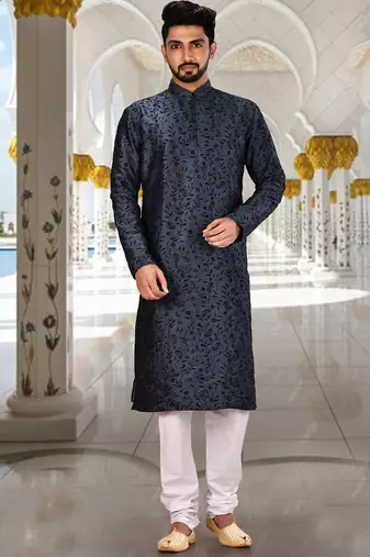 Navy blue dupion art silk  kurta with computerised embroidery machine work churidar