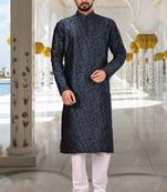 Navy blue dupion art silk  kurta with computerised embroidery machine work churidar