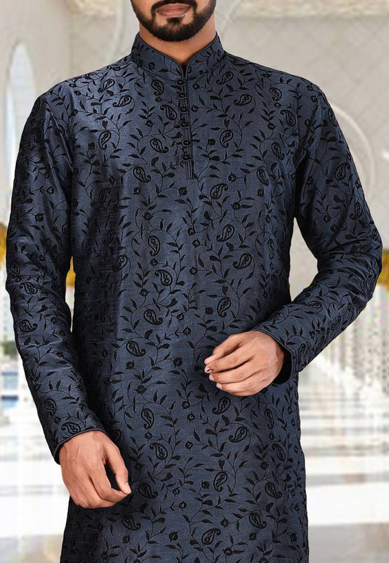 Navy blue dupion art silk  kurta with computerised embroidery machine work churidar