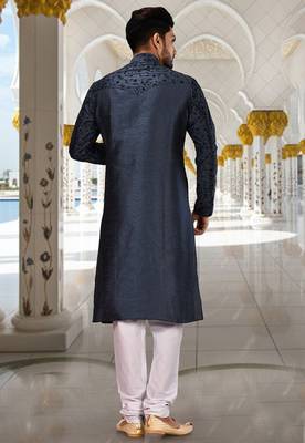 Navy blue dupion art silk  kurta with computerised embroidery machine work churidar 3