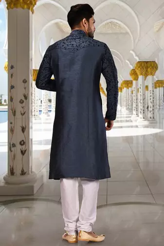 Navy blue dupion art silk  kurta with computerised embroidery machine work churidar