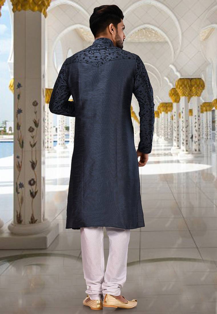 Navy blue dupion art silk  kurta with computerised embroidery machine work churidar