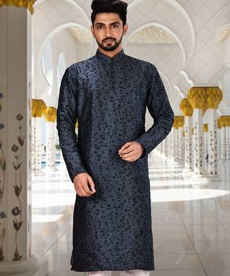 Navy blue dupion art silk  kurta with computerised embroidery machine work churidar 4