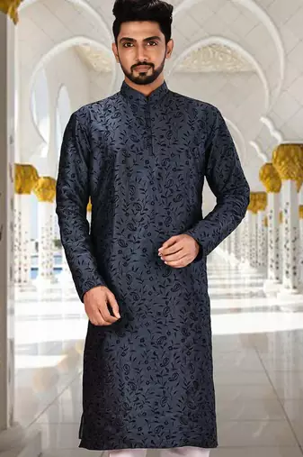 Navy blue dupion art silk  kurta with computerised embroidery machine work churidar