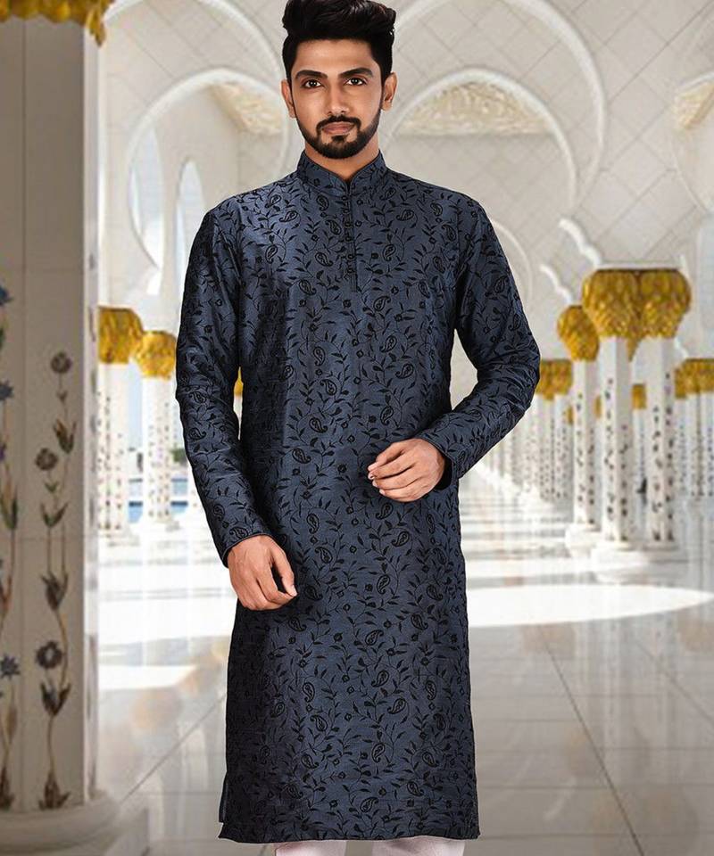 Navy blue dupion art silk  kurta with computerised embroidery machine work churidar