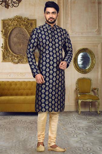 Navy blue dupion art silk  kurta with computerised embroidery machine work churidar