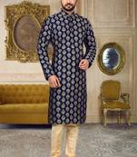 Navy blue dupion art silk  kurta with computerised embroidery machine work churidar