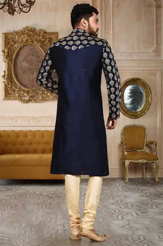 Navy blue dupion art silk  kurta with computerised embroidery machine work churidar
