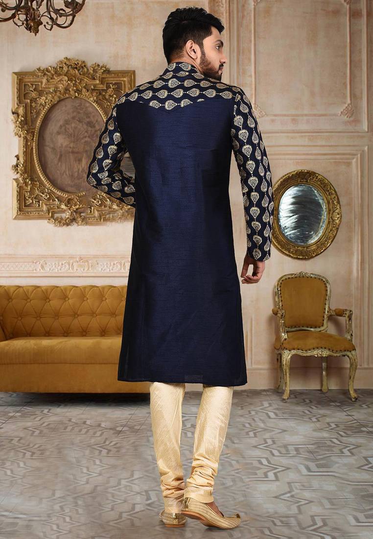 Navy blue dupion art silk  kurta with computerised embroidery machine work churidar