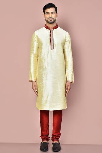 Fawn dupion art silk  kurta with computerised embroidery machine work churidar
