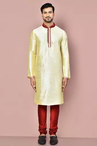 Fawn dupion art silk  kurta with computerised embroidery machine work churidar