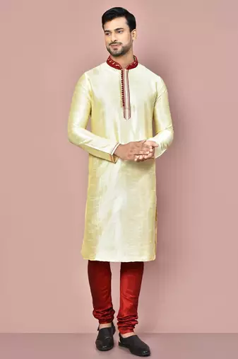 Fawn dupion art silk  kurta with computerised embroidery machine work churidar