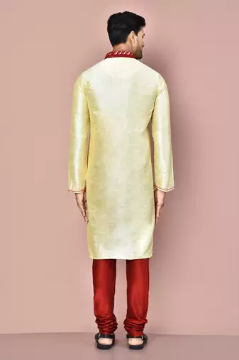 Fawn dupion art silk  kurta with computerised embroidery machine work churidar