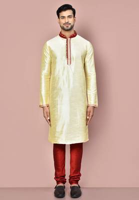 Fawn dupion art silk  kurta with computerised embroidery machine work churidar 4