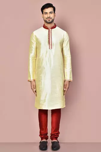 Fawn dupion art silk  kurta with computerised embroidery machine work churidar