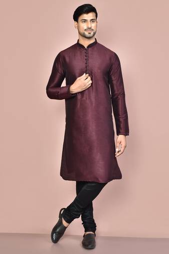 Wine dupion art silk  kurta with computerised embroidery machine work churidar