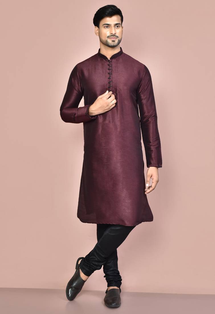 Wine dupion art silk  kurta with computerised embroidery machine work churidar