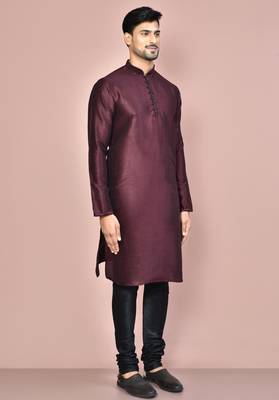 Wine dupion art silk  kurta with computerised embroidery machine work churidar 2