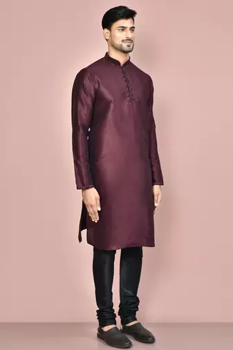 Wine dupion art silk  kurta with computerised embroidery machine work churidar