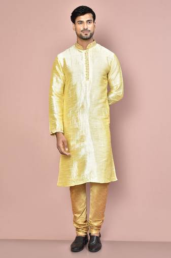 Fawn dupion art silk kurta with computerised embroidery machine work churidar