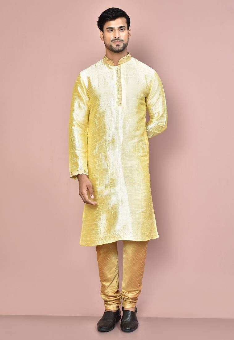 Fawn dupion art silk kurta with computerised embroidery machine work churidar