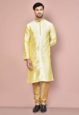 Fawn dupion art silk kurta with computerised embroidery machine work churidar 3