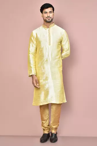 Fawn dupion art silk kurta with computerised embroidery machine work churidar