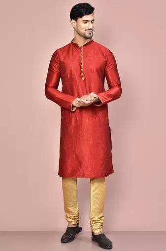Red dupion art silk kurta with computerised embroidery machine work churidar