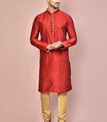 Red dupion art silk kurta with computerised embroidery machine work churidar