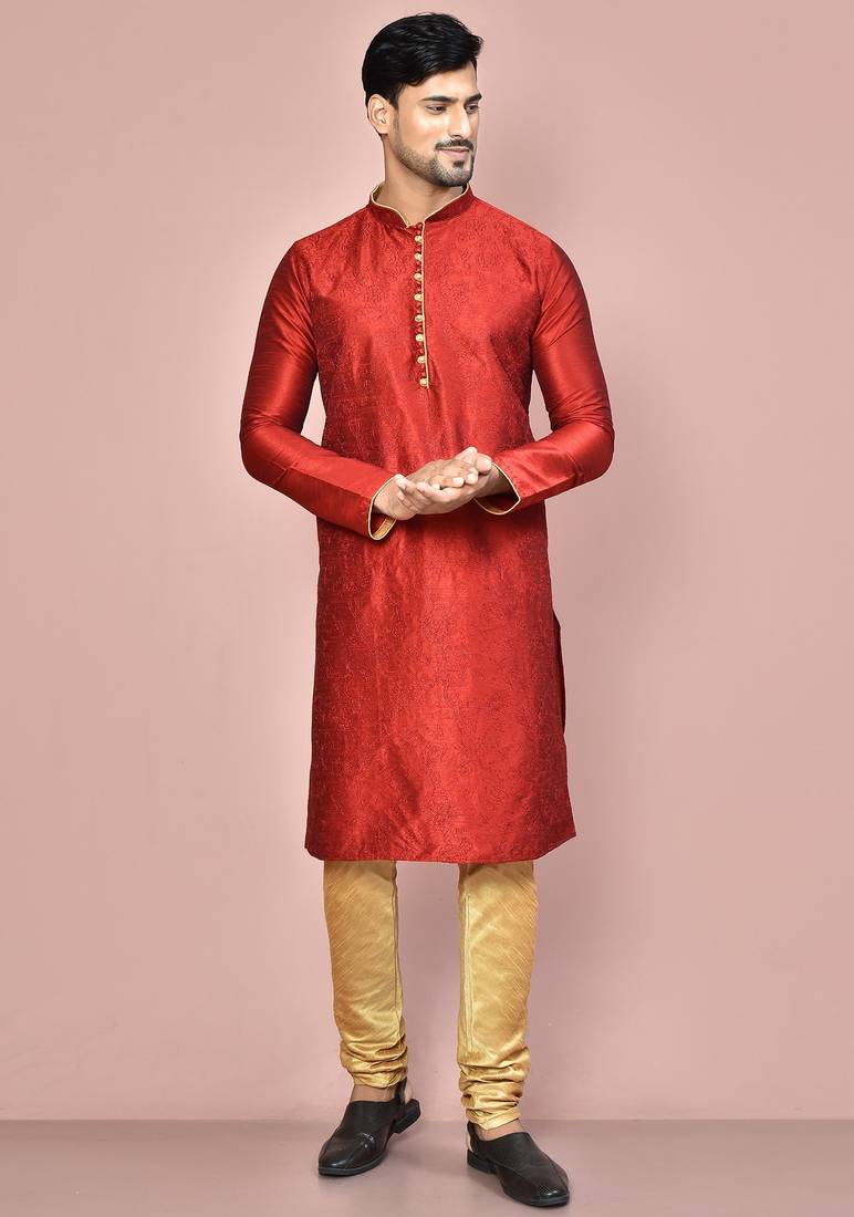 Red dupion art silk kurta with computerised embroidery machine work churidar