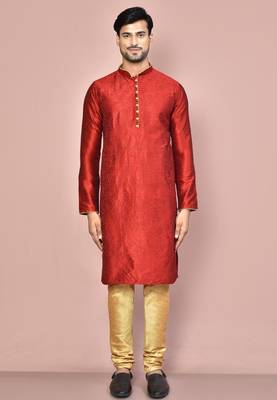 Red dupion art silk kurta with computerised embroidery machine work churidar 2