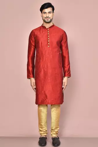 Red dupion art silk kurta with computerised embroidery machine work churidar