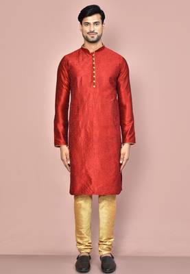 Red dupion art silk kurta with computerised embroidery machine work churidar 3