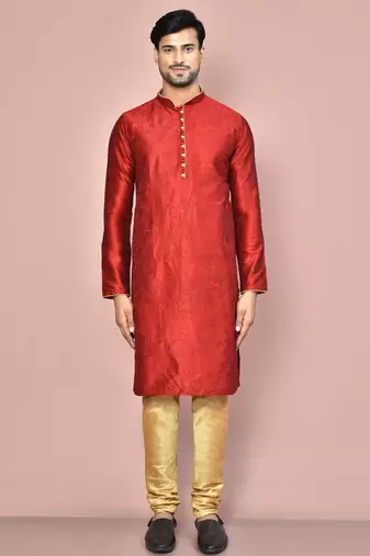 Red dupion art silk kurta with computerised embroidery machine work churidar