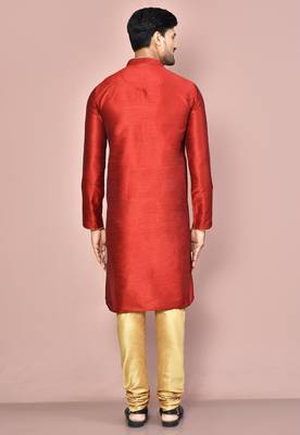 Red dupion art silk kurta with computerised embroidery machine work churidar 4