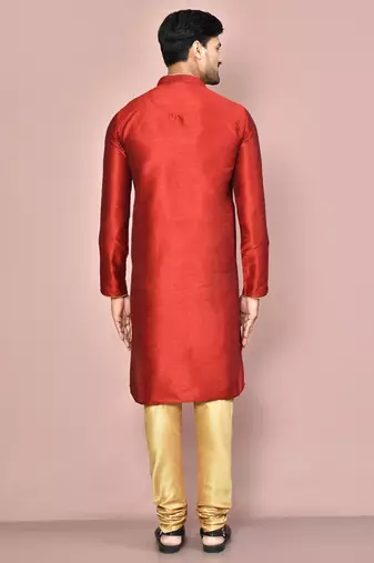 Red dupion art silk kurta with computerised embroidery machine work churidar