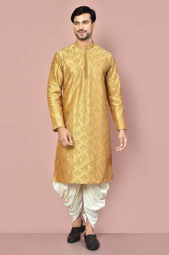 Dark beige dupion art silk kurta with computerised embroidery machine work churidar