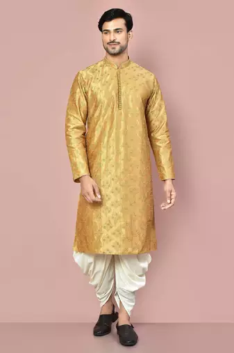 Dark beige dupion art silk kurta with computerised embroidery machine work churidar