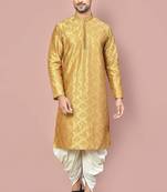 Dark beige dupion art silk kurta with computerised embroidery machine work churidar