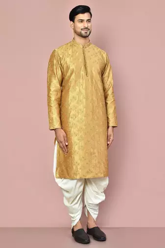 Dark beige dupion art silk kurta with computerised embroidery machine work churidar