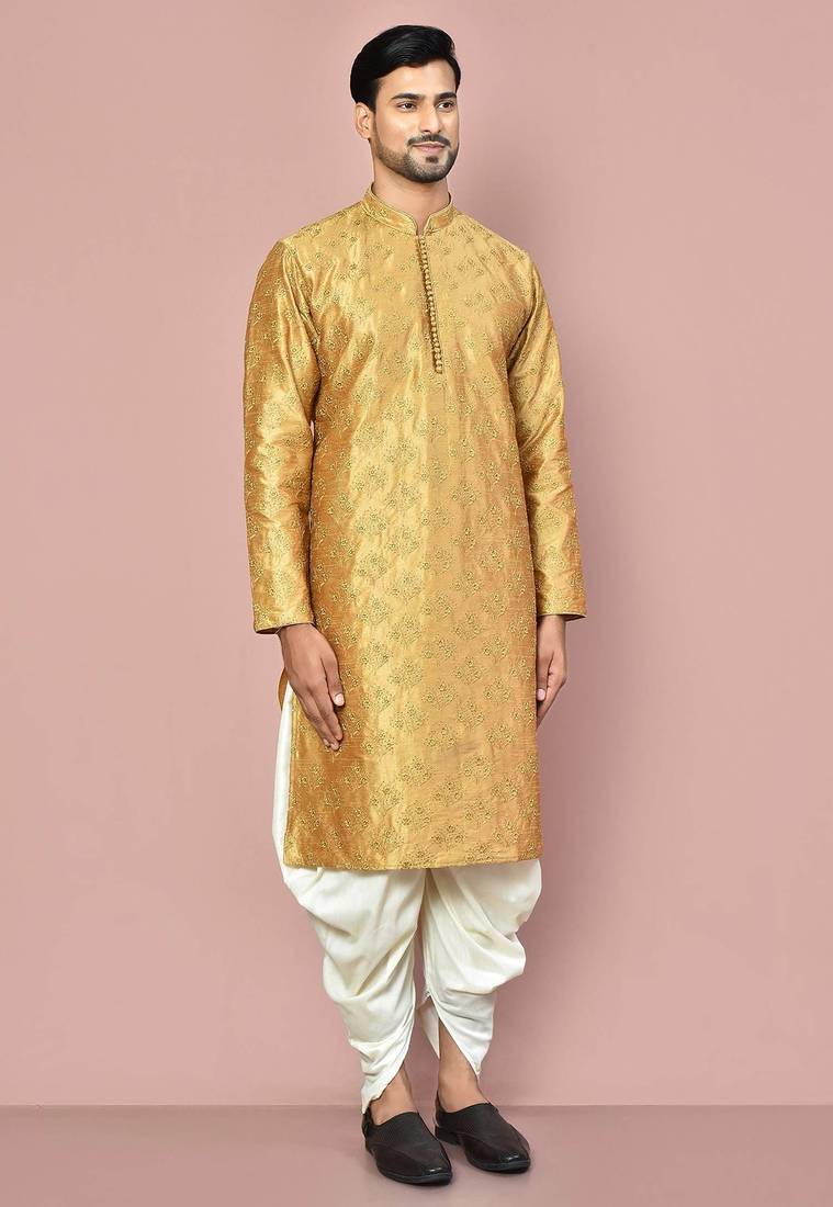 Dark beige dupion art silk kurta with computerised embroidery machine work churidar